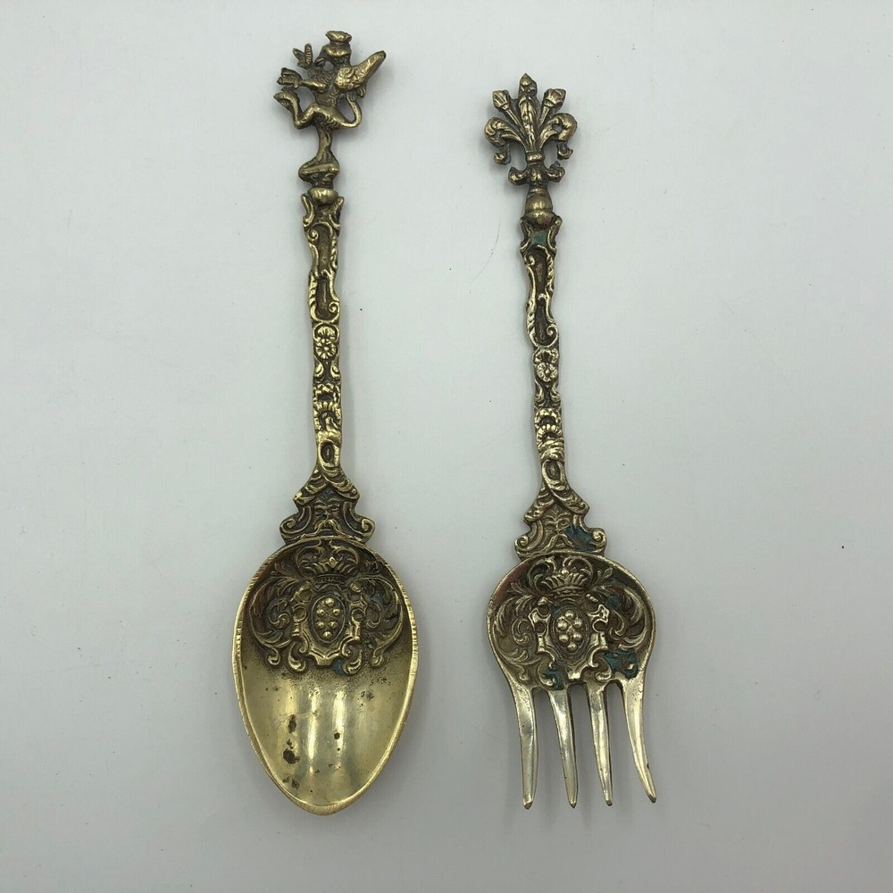 Vintage Ornate Serving Spoon & Fork Brass Italy Montagnani Fleur de lis Falcon